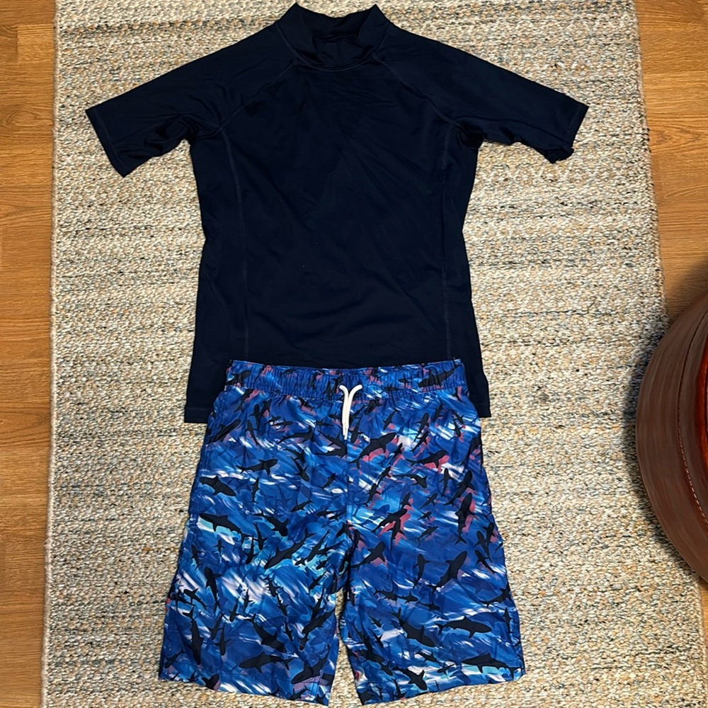 Lands’ End Boys XL Rash Guard and Swim Trunks
